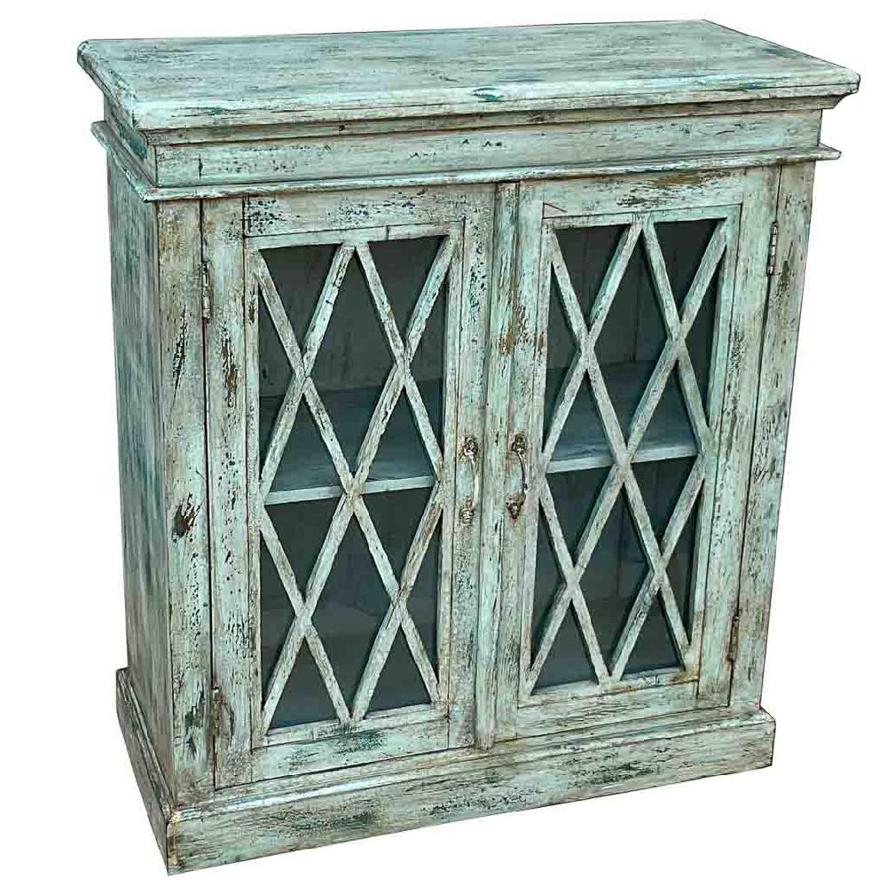 Creaciones meng MUEBLE - APARADORES - aparador de madera y cristal con 2 puertas azul