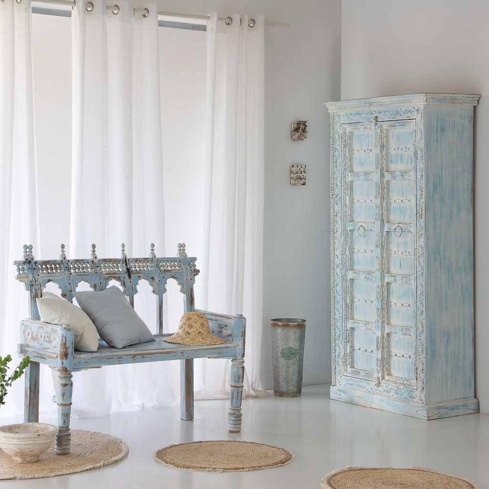 Creaciones Meng MUEBLE - BANCOS - Banco De Madera Tallada Acabado Artesanal Envejecido Azul