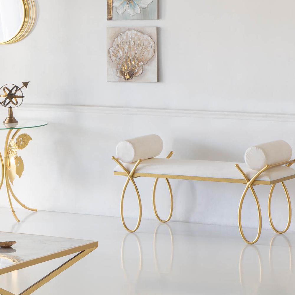 Creaciones Meng MUEBLE - BANQUETAS - Kit Banqueta De Metal Dorado Y Tapizado Blanco