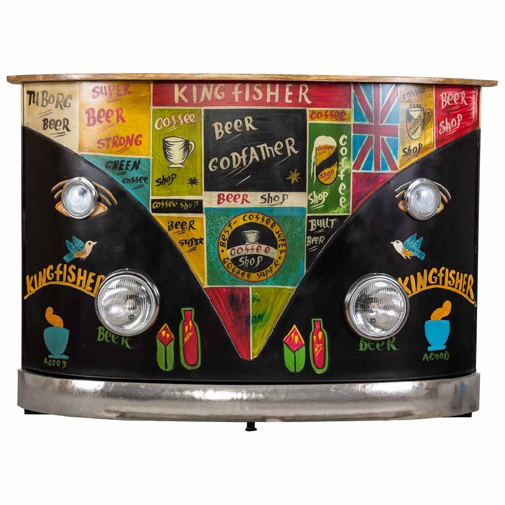 Creaciones Meng MUEBLE - BARRAS DE BAR - Barra Botellero Furgoneta De Madera Y Metal Acabado Artesanal Negro Con Luz