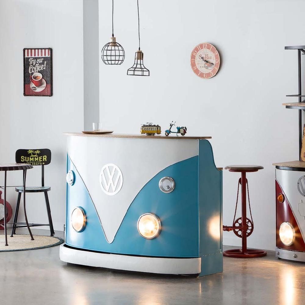 Creaciones Meng MUEBLE - BARRAS DE BAR - Barra Botellero Furgoneta De Madera Y Metal Acabado Artesanal Azul Con Luz