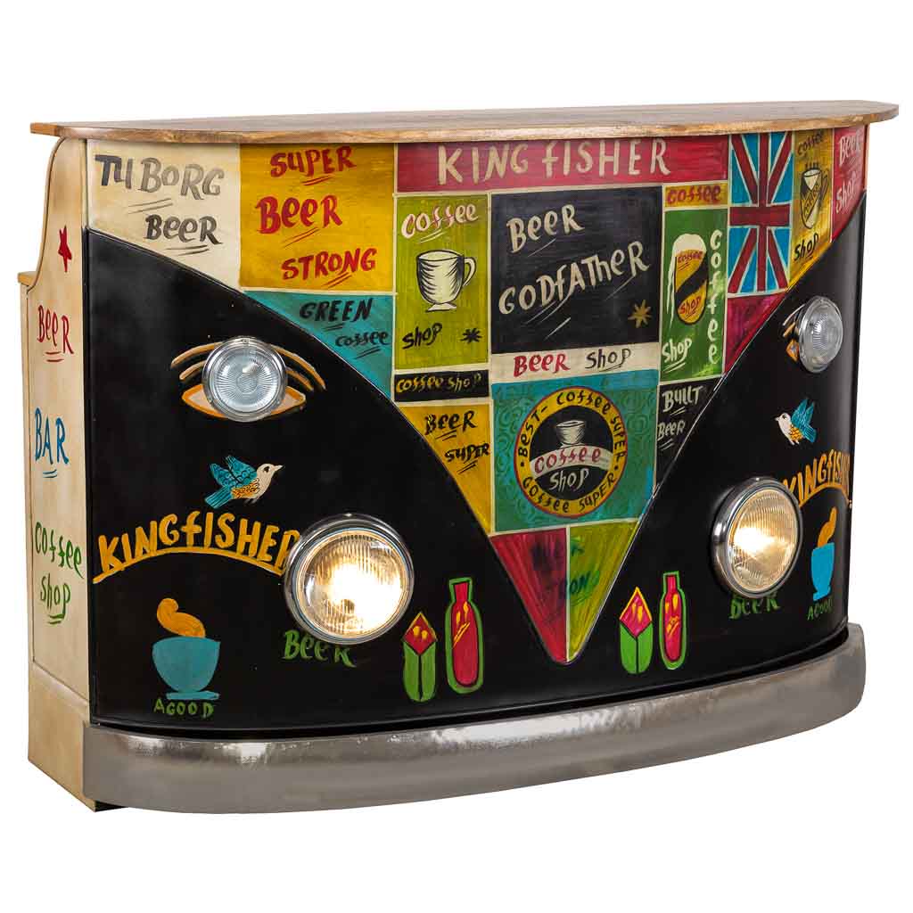 Creaciones meng MUEBLE - BARRAS DE BAR - barra botellero furgoneta de madera y metal acabado artesanal negro con luz