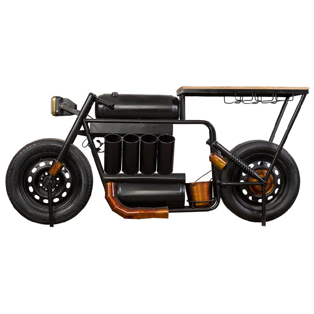 Creaciones Meng MUEBLE - BARRAS DE BAR - Barra Botellero Moto De Madera Y Metal Acabado Artesanal Negro