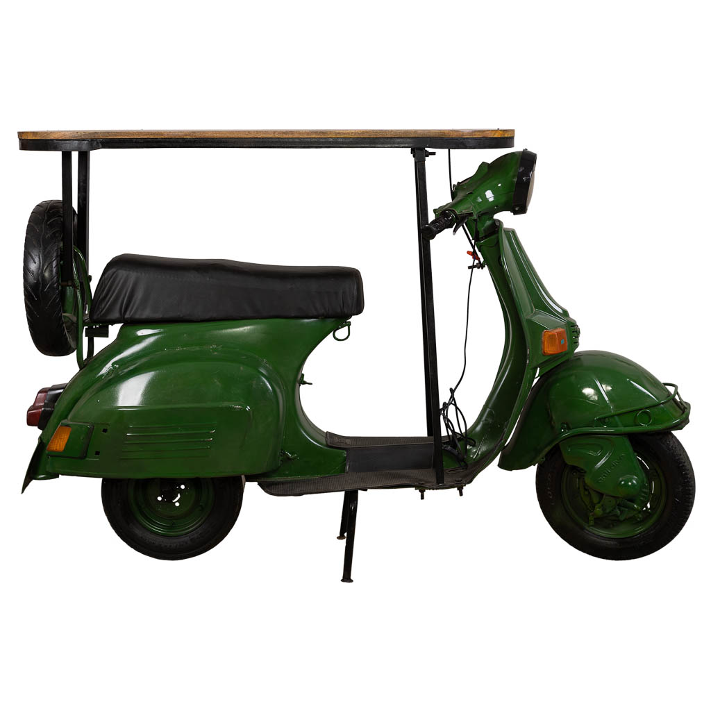Creaciones Meng MUEBLE - BARRAS DE BAR - Barra Botellero Moto Vespa De Metal Y Madera Acabado Artesanal Verde