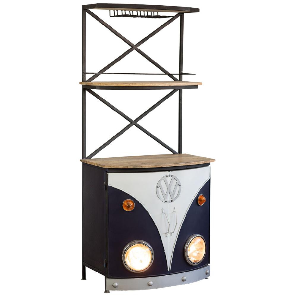 Creaciones Meng MUEBLE - BARRAS DE BAR - Estanteria Botellero Furgoneta De Madera Y Metal Acabado Artesanal Azul Con Luz