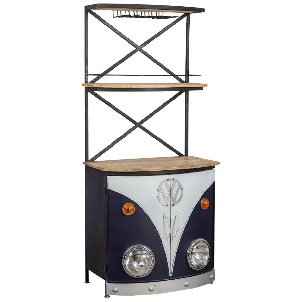Creaciones meng MUEBLE - BARRAS DE BAR - estanteria botellero furgoneta de madera y metal acabado artesanal azul con luz