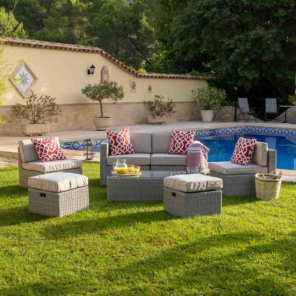 Creaciones Meng MUEBLE - CONJUNTOS DE JARDÍN - Conjunto De Mesa Sofa 2 Sillones Y 2 Reposapies