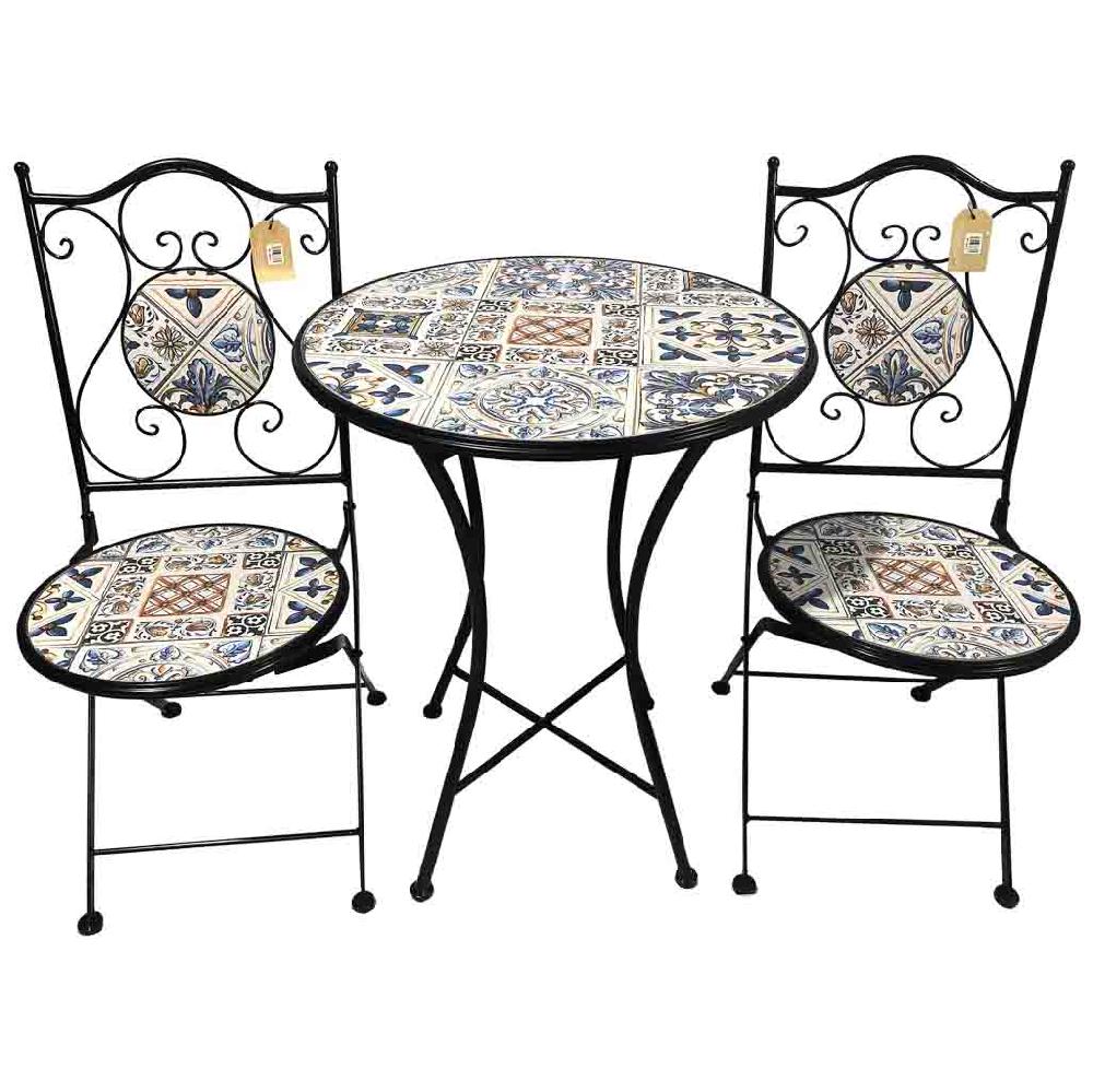 Creaciones meng MUEBLE - CONJUNTOS DE JARDÍN - conjunto mesa y dos sillas de mosaico y forja negro