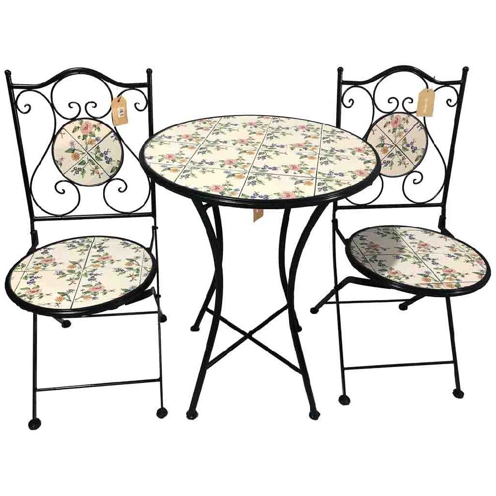 Creaciones meng MUEBLE - CONJUNTOS DE JARDÍN - conjunto mesa y dos sillas de mosaico y forja negro