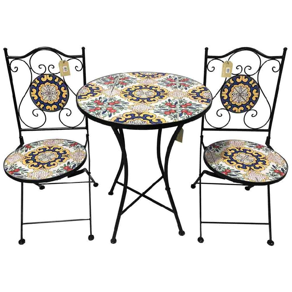 Creaciones meng MUEBLE - CONJUNTOS DE JARDÍN - conjunto mesa y dos sillas de mosaico y forja negro