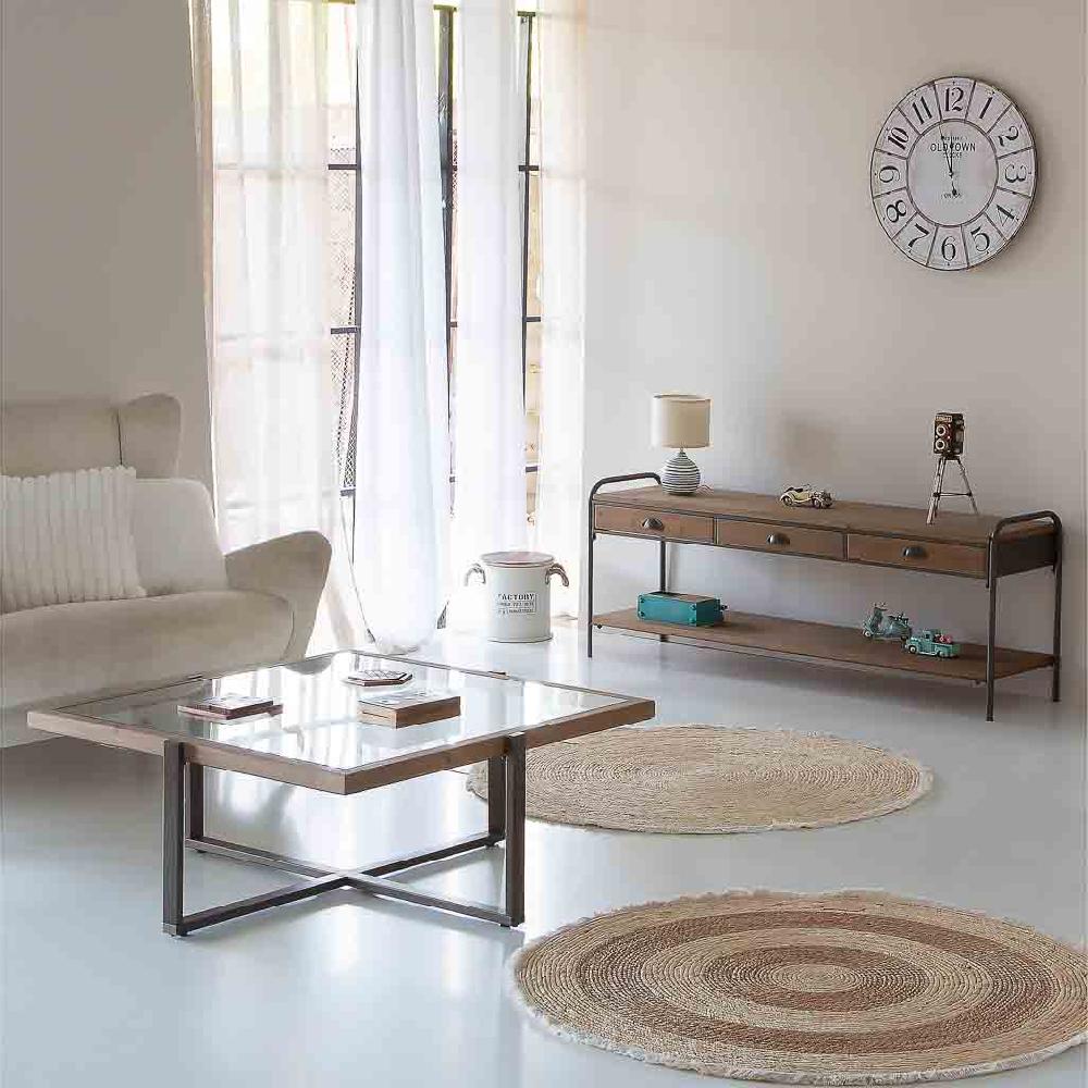 Creaciones Meng MUEBLE - MESAS AUXILIARES - Kit Mesa De Centro De Madera Metal Y Cristal Marron