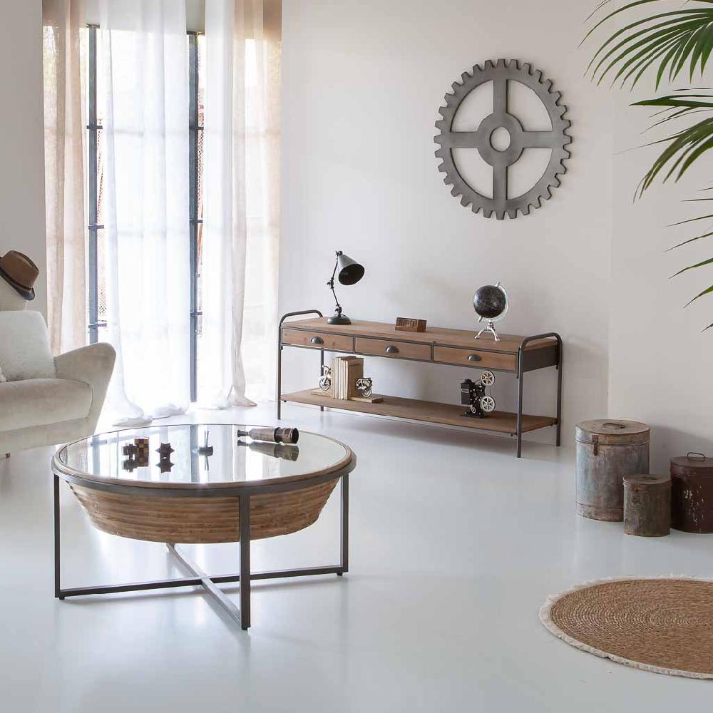 Creaciones Meng MUEBLE - MESAS AUXILIARES - Mesa De Centro De Madera Metal Y Cristal Marron