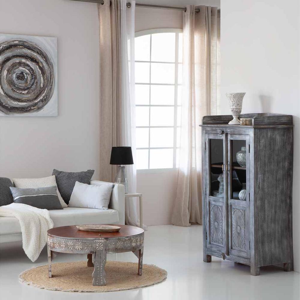 Creaciones Meng MUEBLE - MESAS AUXILIARES - Mesa De Centro Redonda De Madera Tallada Acabado Artesanal Envejecido Blanco