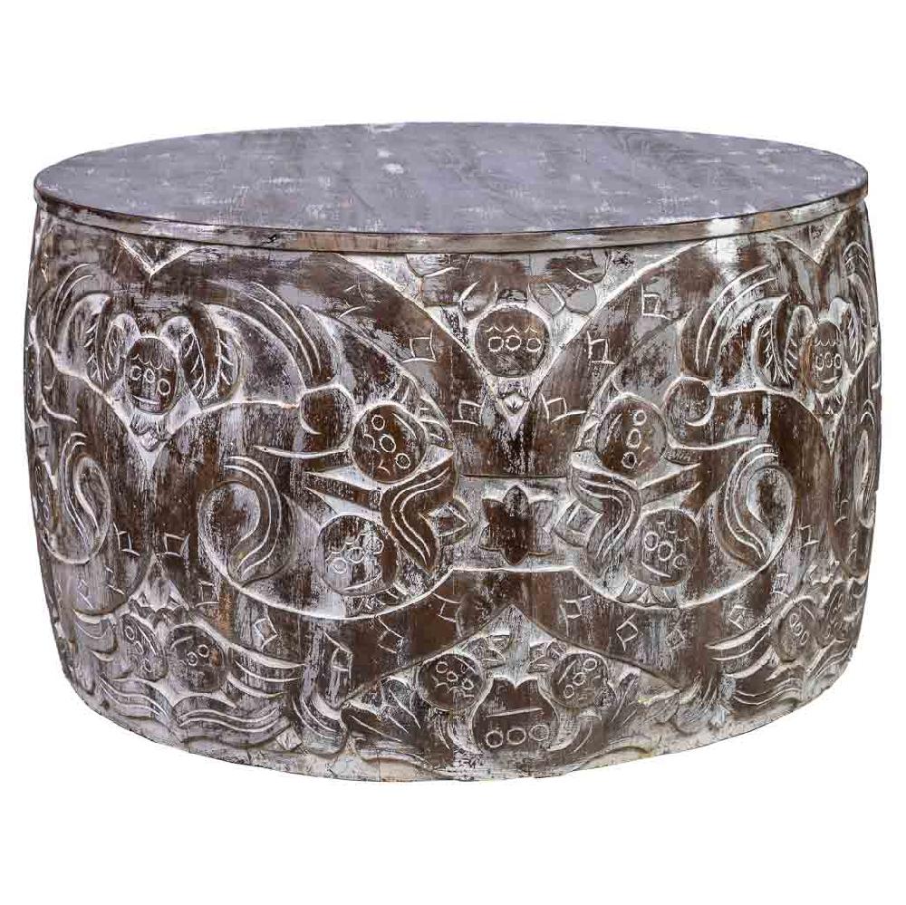 Creaciones meng MUEBLE - MESAS AUXILIARES - mesa de centro redonda de madera tallada acabado artesanal marron