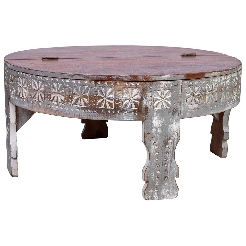 Creaciones meng MUEBLE - MESAS AUXILIARES - mesa de centro redonda de madera tallada acabado artesanal envejecido blanco