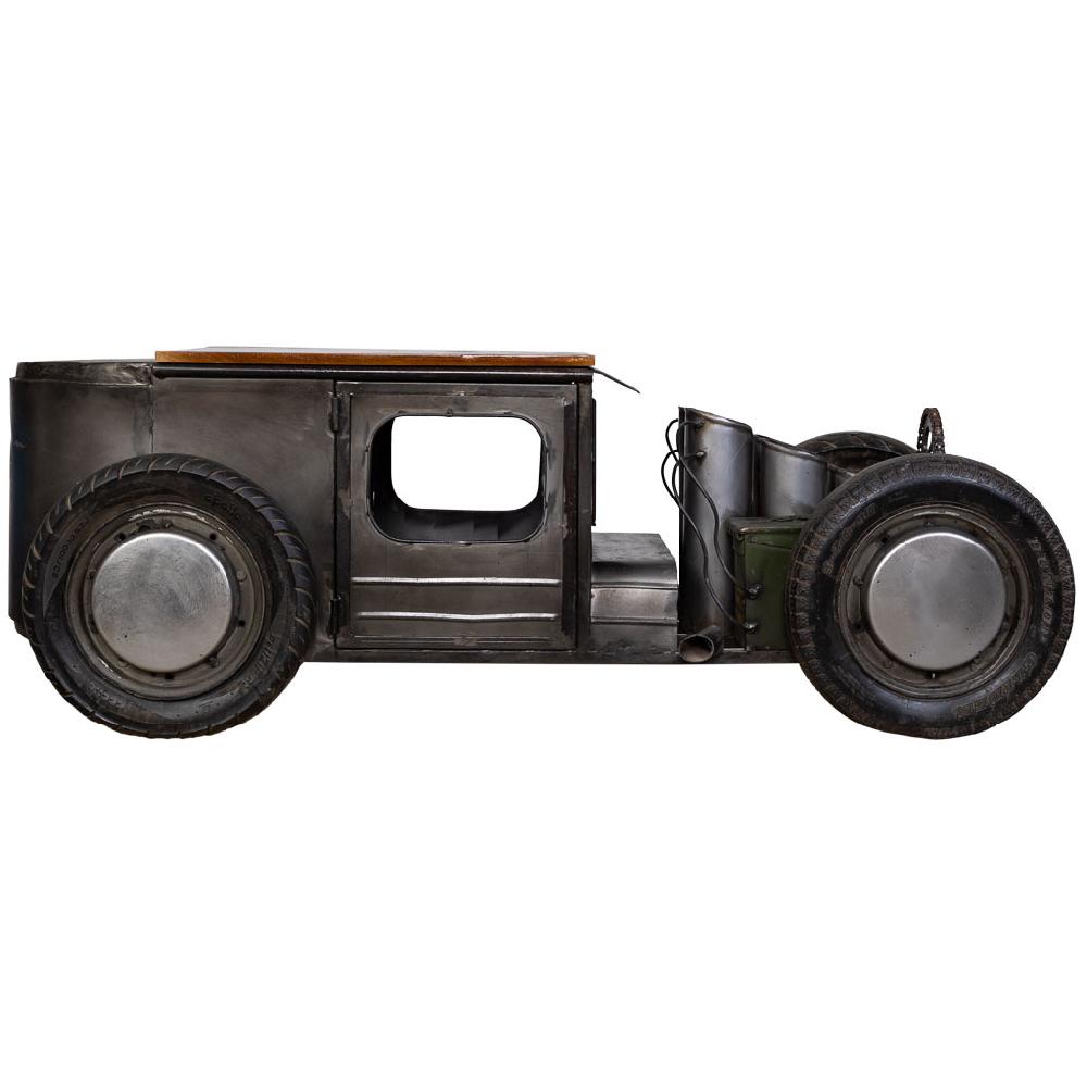 Creaciones Meng MUEBLE - MESAS DE CENTRO - Coche Mesa De Centro Botellero De Metal Y Madera Acabado Artesanal Gris