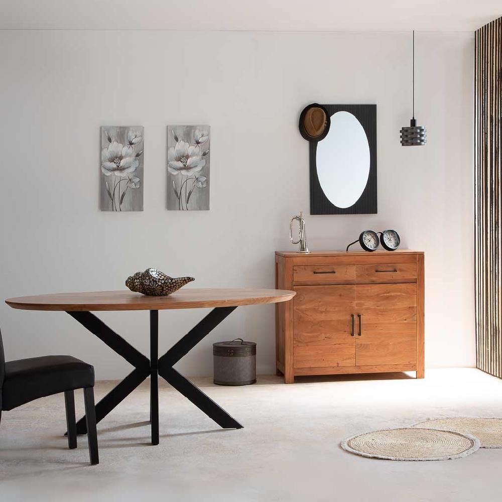 Creaciones Meng MUEBLE - MESAS - Mesa De Comedor Ovalada Borde Suizo De Madera De Acacia Acabado Color Natural