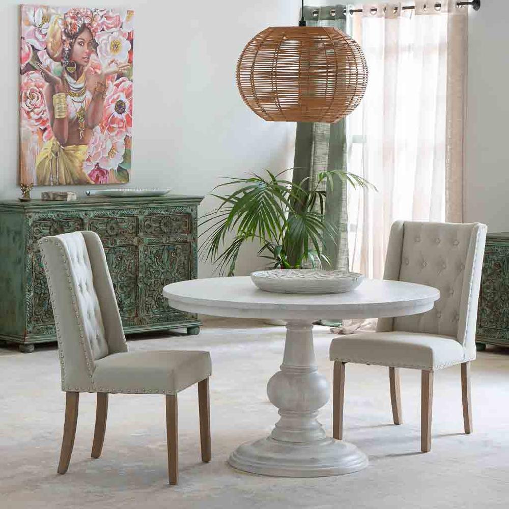 Creaciones Meng MUEBLE - MESAS - Mesa De Comedor Redonda De Madera De Mango Acabado Color Blanco Antiguo