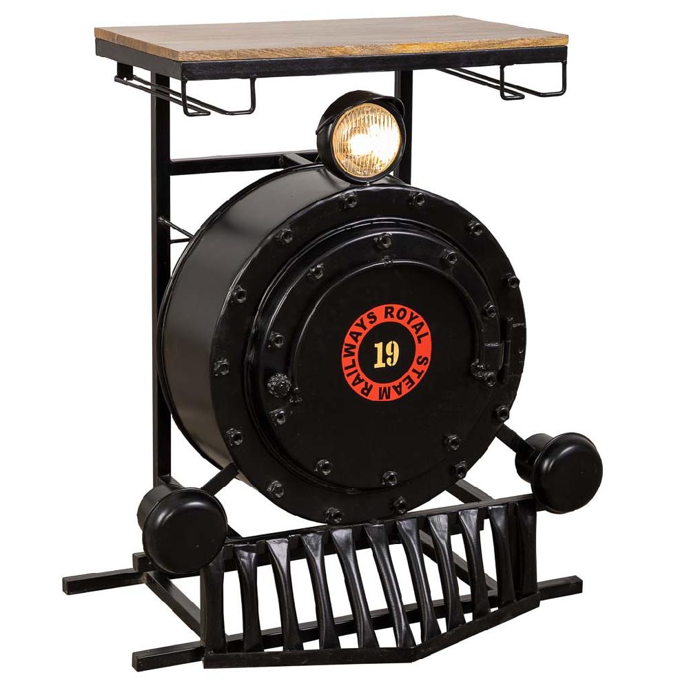 Creaciones meng MUEBLE - MUEBLES BOTELLEROS - barra botellero locomotera de madera y metal acabado artesanal negro con luz