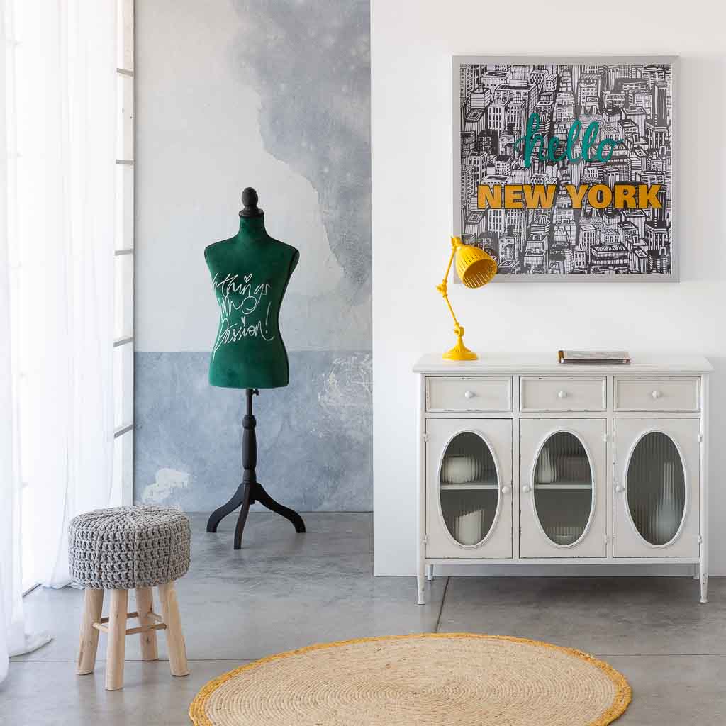 Creaciones Meng MUEBLE - TABURETES Y PUFF - Taburete De Madera Y Algodón Trenzado Gris