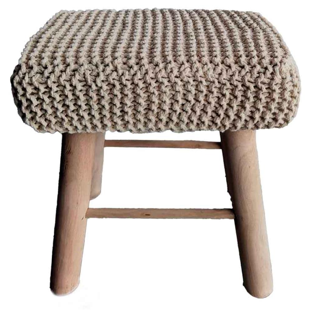 Creaciones meng MUEBLE - TABURETES Y PUFF - taburete de madera y algodón trenzado blanco