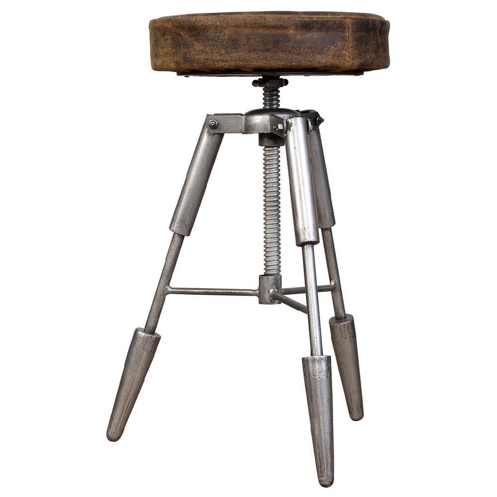 Creaciones Meng MUEBLE - TABURETES Y PUFF - Taburete De Metal Y Piel Marron