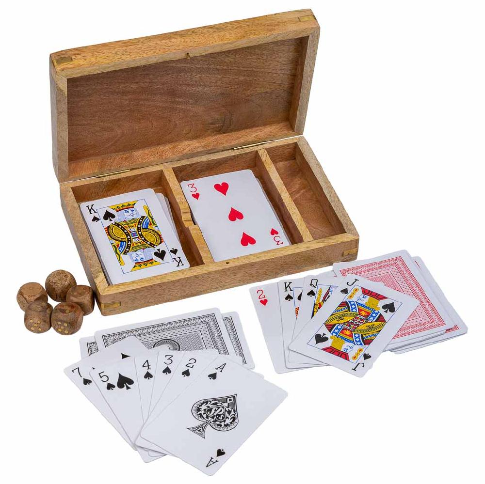 Creaciones meng REGALO - JUEGOS DE MESA - juego 2 en 1 (cartas+dados) en caja de madera marron