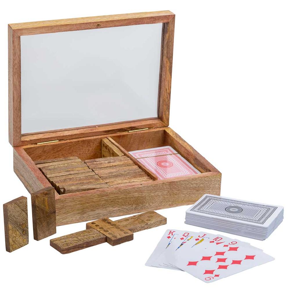 Creaciones meng REGALO - JUEGOS DE MESA - juego 2 en 1 (domino+cartas) en caja de madera marron