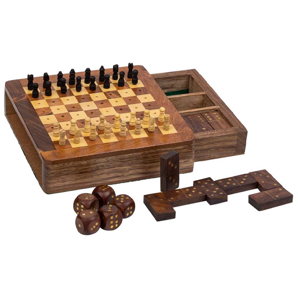 Creaciones meng REGALO - JUEGOS DE MESA - juego 3 en 1 (ajedrez+domino+dados) en caja de madera marron