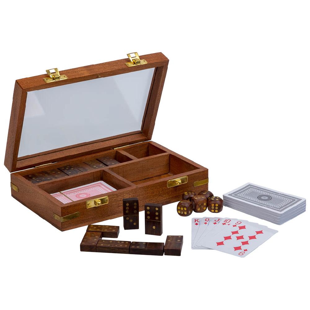 Creaciones meng REGALO - JUEGOS DE MESA - juego 3 en 1 (dados+domino+cartas) en caja de madera marron