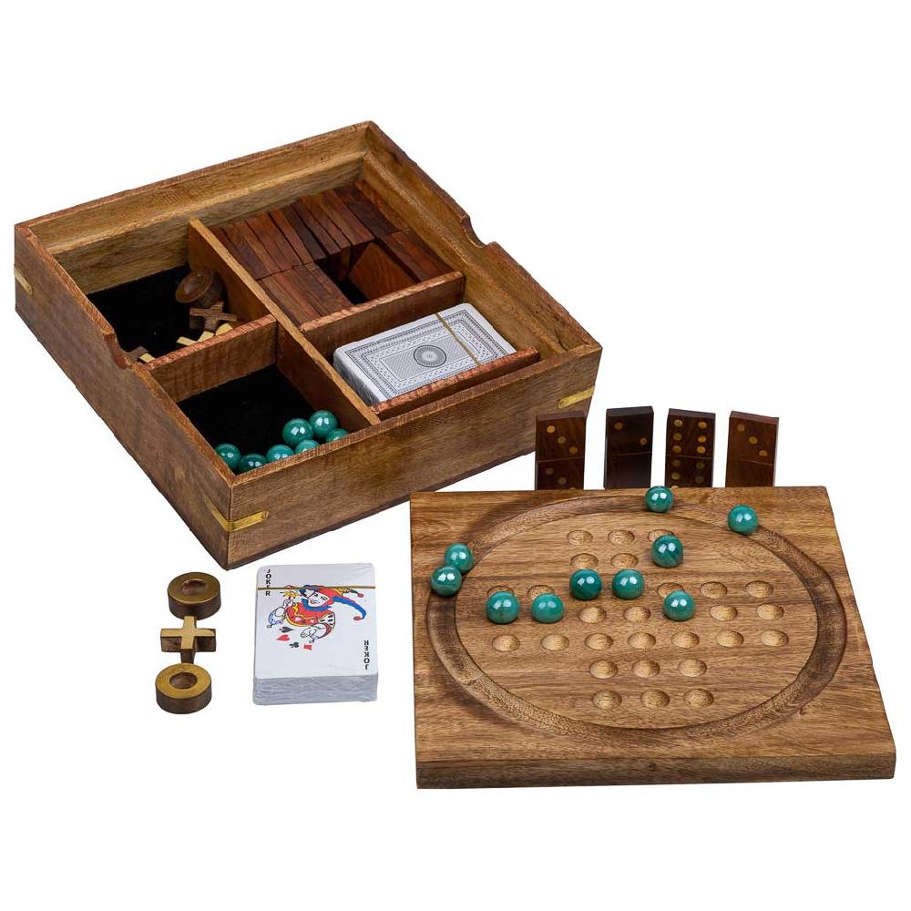 Creaciones meng REGALO - JUEGOS DE MESA - juego 5 en 1 (3 en linea+domino+dados+2 cartas+solitario) en caja de madera marron