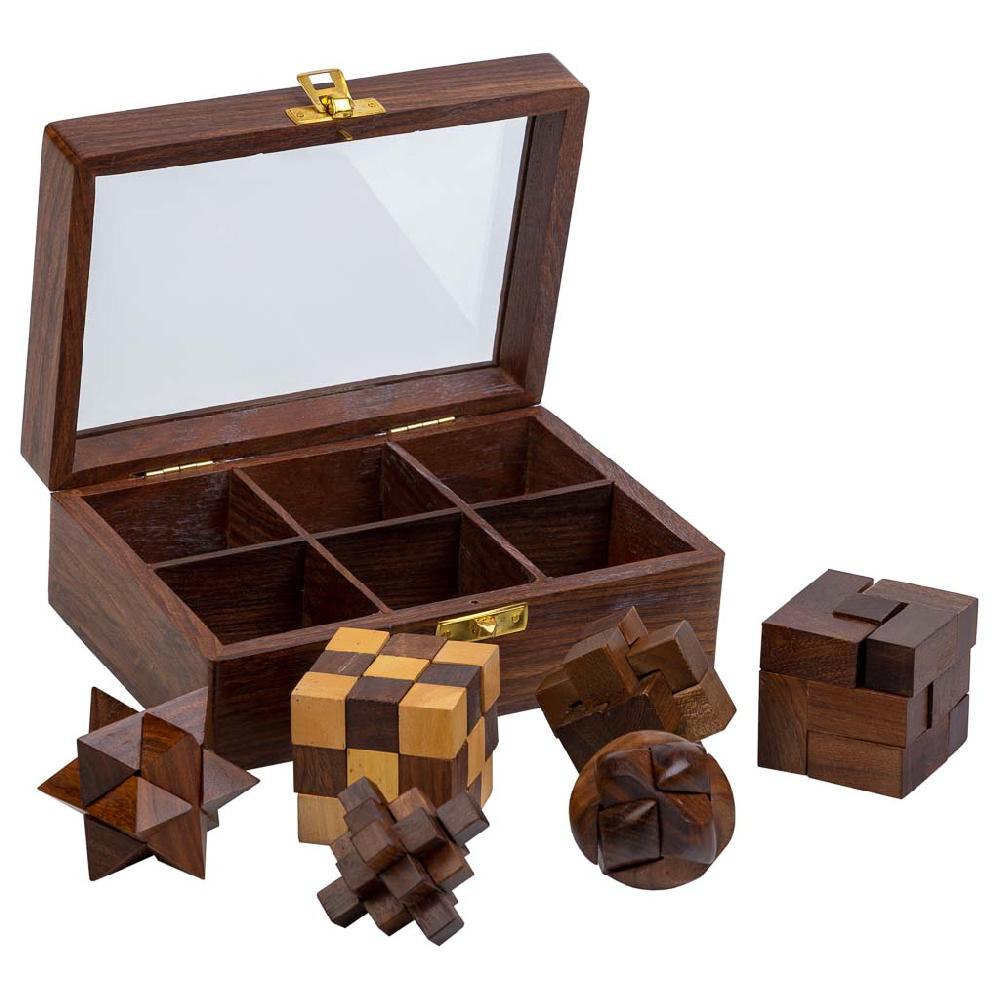 Creaciones meng REGALO - JUEGOS DE MESA - juego de 6 juegos de rompecabezas en caja de madera marron