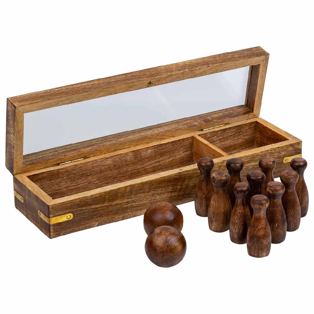 Creaciones meng REGALO - JUEGOS DE MESA - juego de bolos (10 piezas + 2 bolas) en caja de madera marron