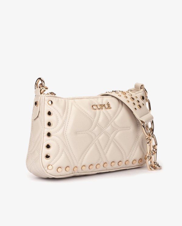 Cuplé BOLSO DE HOMBRO BEIGE ACOLCHADO CON CADENA Y TACHUELAS DORADAS
