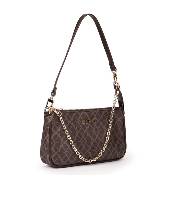 Cuplé BOLSO DE HOMBRO MARRÓN DE TECNOPIEL CON LOGO Y CADENA DORADA