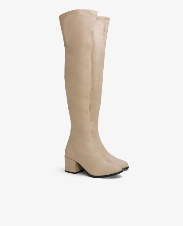 Cuplé BOTA MOSQUETERA BEIGE DE NAPA ELÁSTICO CON TACÓN MEDIO