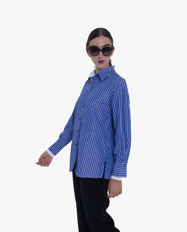 Cuplé CAMISA DE RAYAS AZUL Y BLANCO CON PUÑOS CONTRASTADOS
