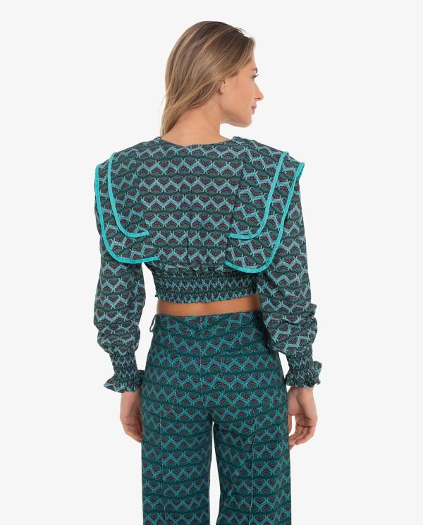 Cuplé CROP TOP CON SOLAPAS EN HOMBROS Y ESTAMPADO GEOMETRICO AZUL