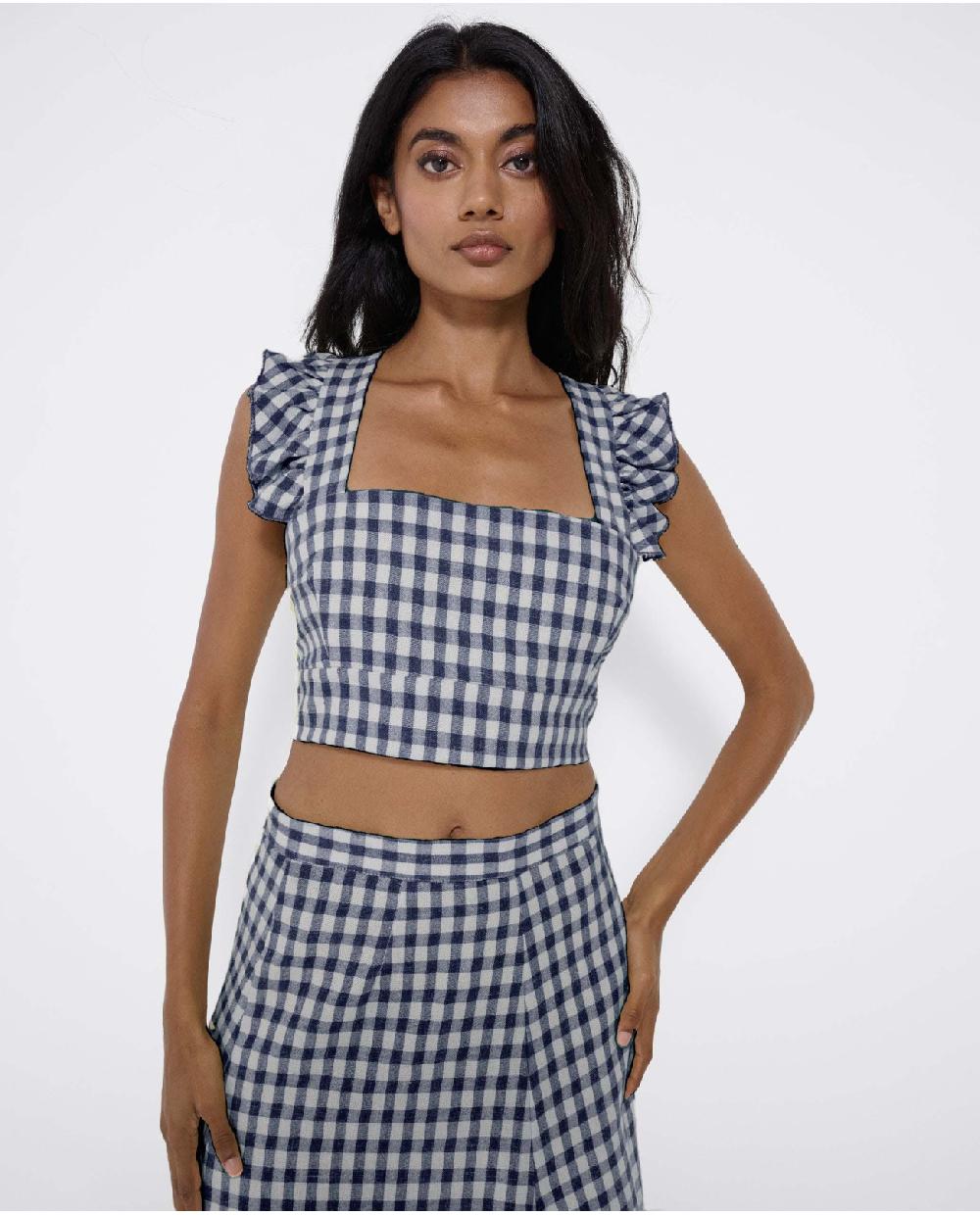 Cuplé CROP TOP VOLANTE TEJIDO CUADROS VICHY MARINO