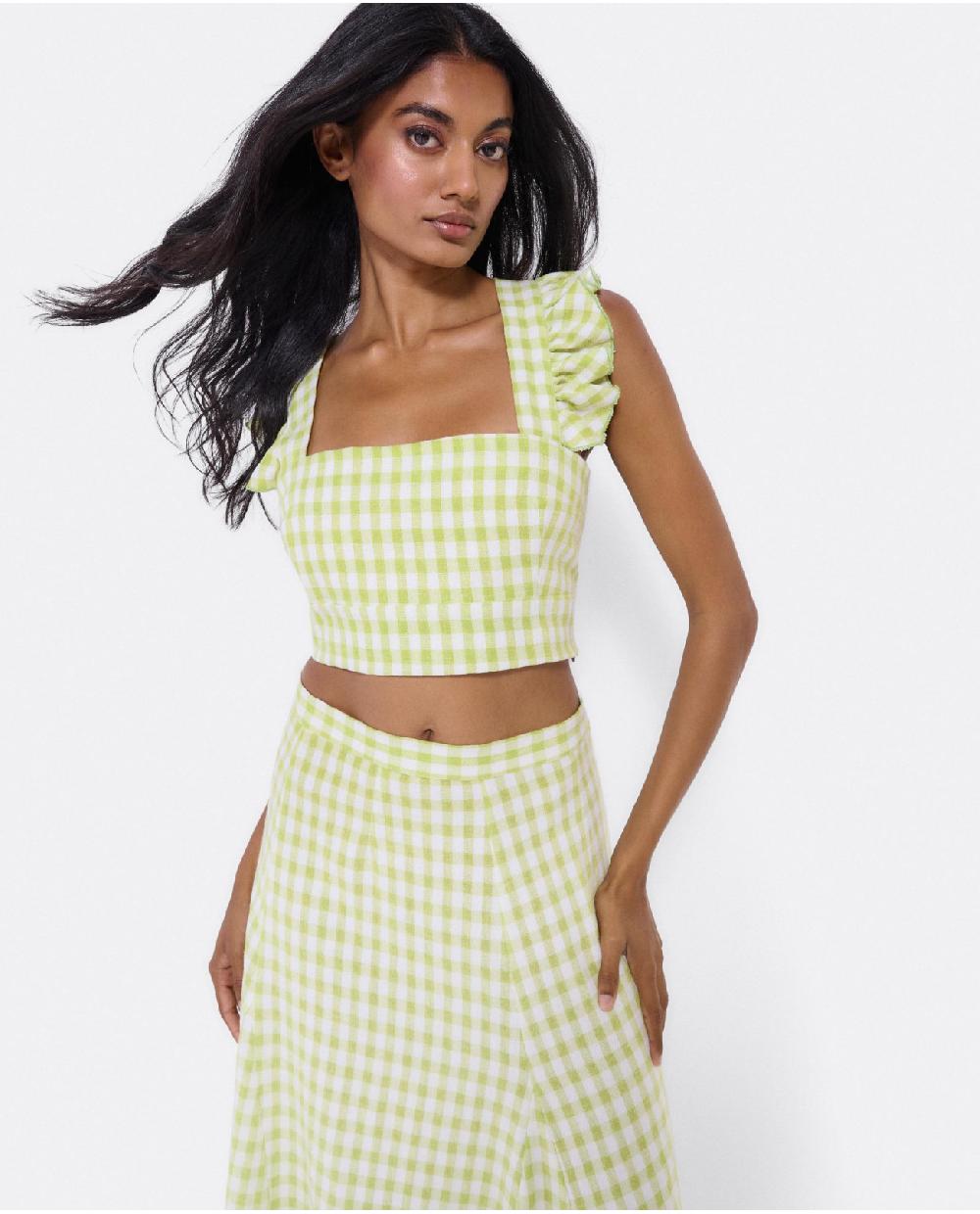 Cuplé CROP TOP VOLANTE TEJIDO CUADROS VICHY VERDE