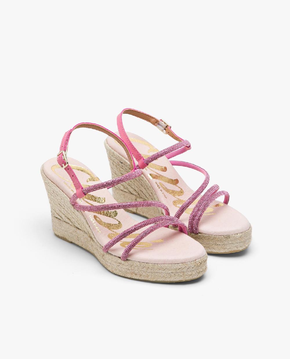 Cuplé SANDALIA CUÑA TIRAS STRASS FUCSIA