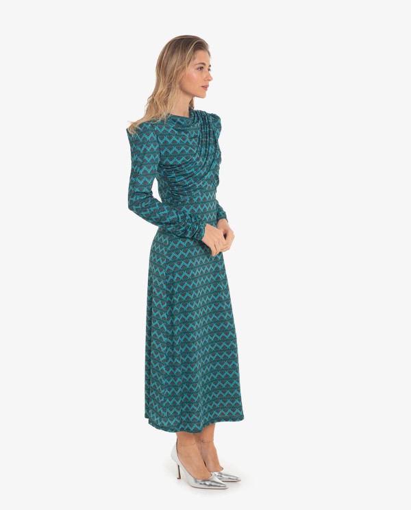 Cuplé VESTIDO DRAPEADO ESTAMPADO GEOMETRICO AZUL