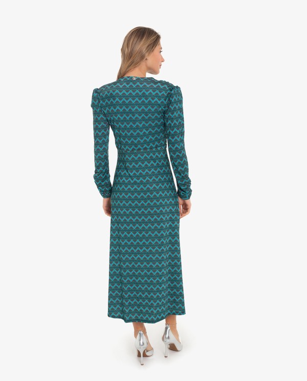 Cuplé VESTIDO DRAPEADO ESTAMPADO GEOMETRICO AZUL