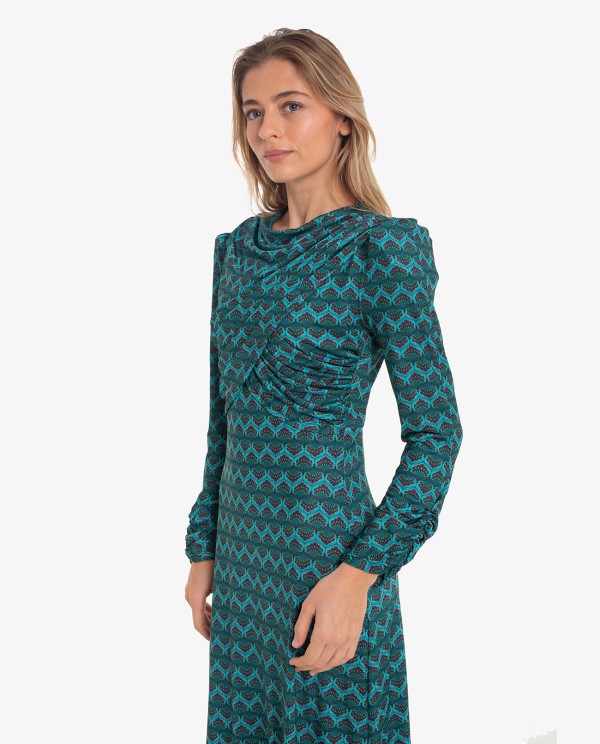 Cuplé VESTIDO DRAPEADO ESTAMPADO GEOMETRICO AZUL