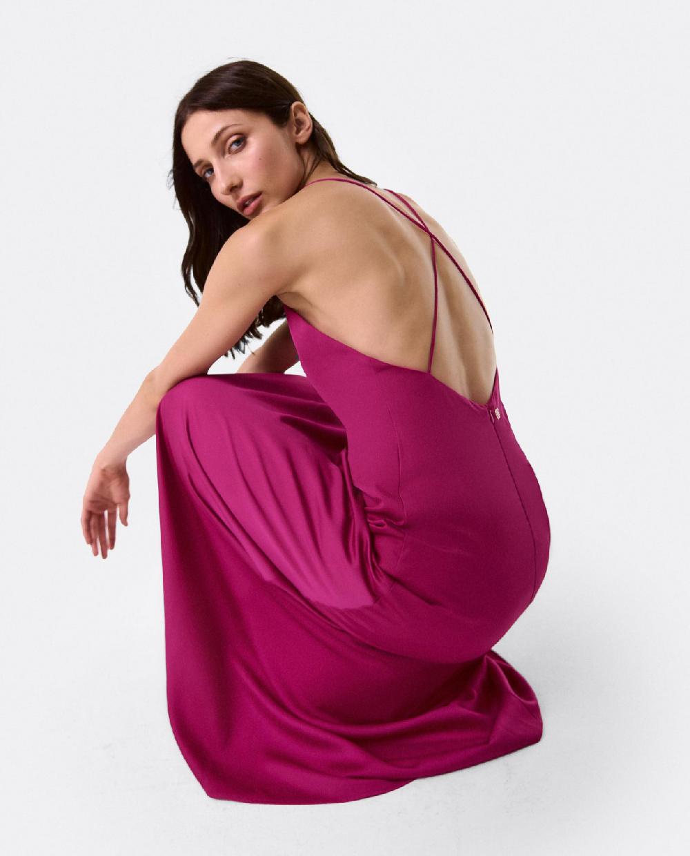 Cuplé VESTIDO LARGO FIESTA TIRANTES SATEN FUCSIA