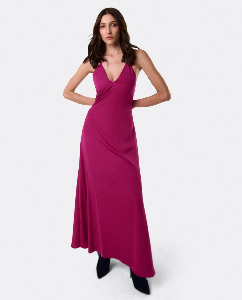 Cuplé VESTIDO LARGO FIESTA TIRANTES SATEN FUCSIA