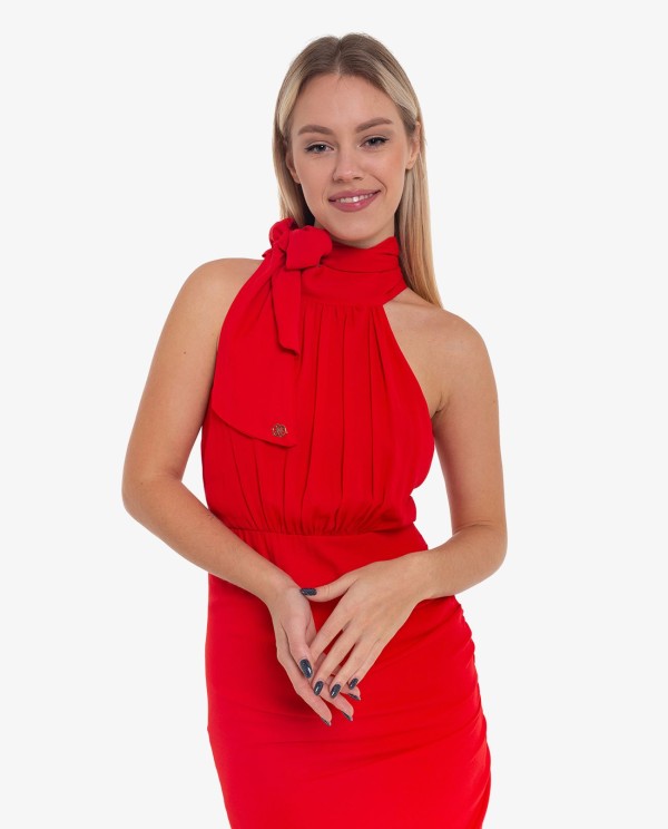 Cuplé VESTIDO LARGO HALTER FRUNCIDO ROJO