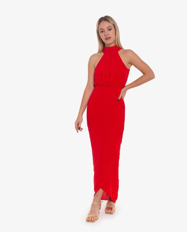 Cuplé VESTIDO LARGO HALTER FRUNCIDO ROJO