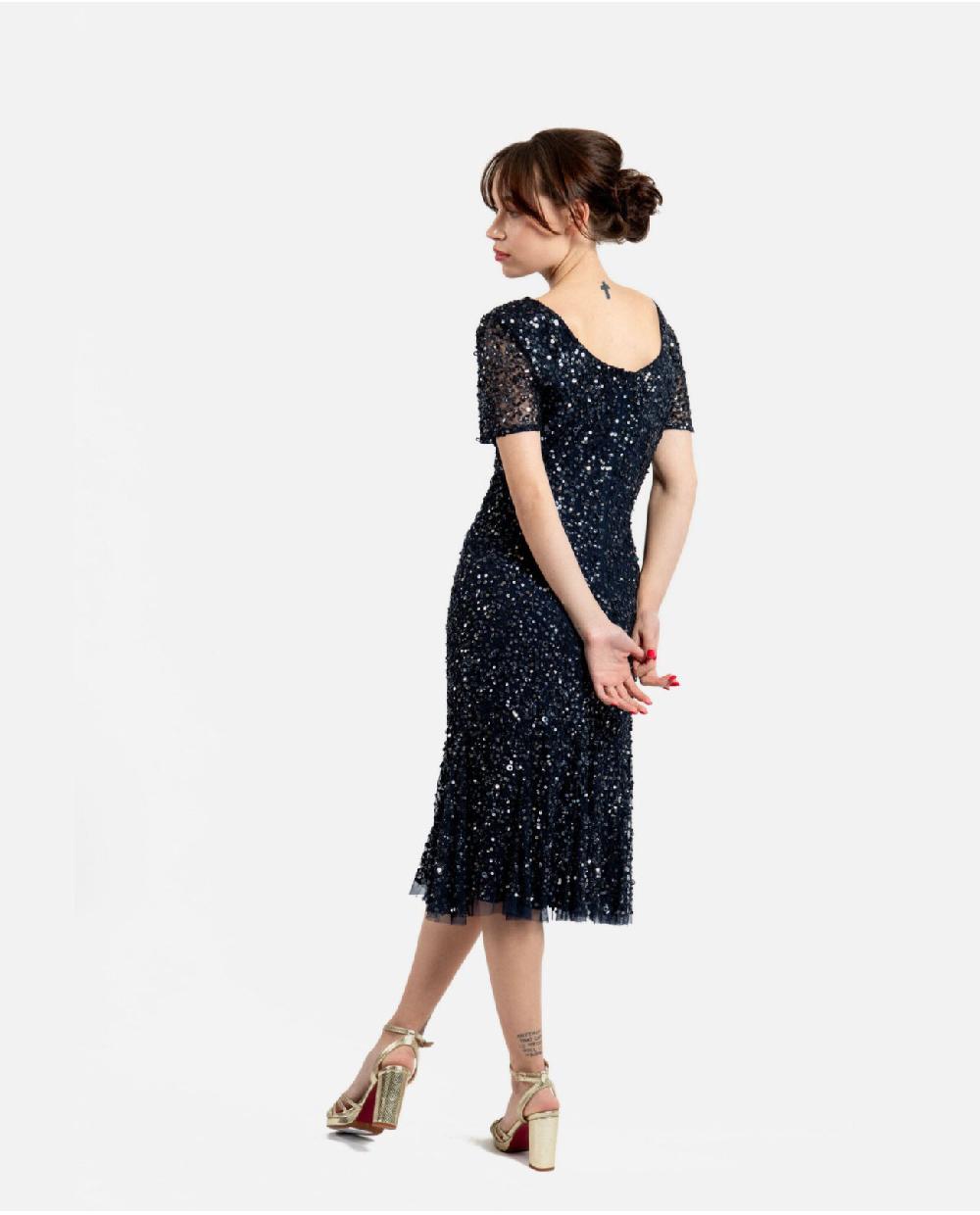 Cuplé VESTIDO MIDI VOLANTE LENTEJUELAS MARINO