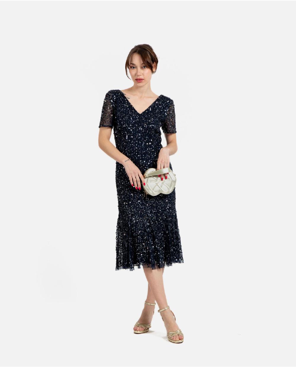 Cuplé VESTIDO MIDI VOLANTE LENTEJUELAS MARINO